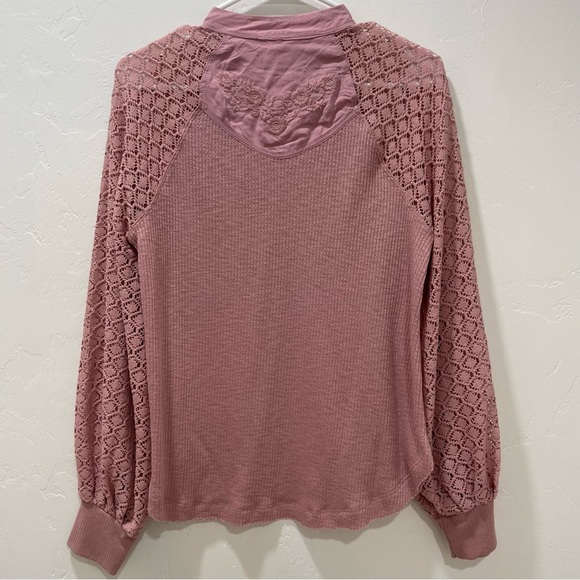 Free People Women's Small Dusty Rose Embroidered Crochet Waffle Knit Blouse Top - Picture 9 of 16